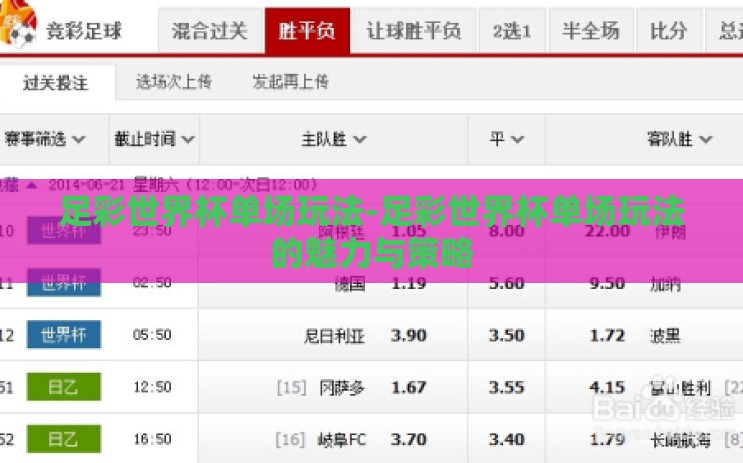 足彩世界杯单场玩法-足彩世界杯单场玩法的魅力与策略 足彩世界杯单场玩法-足彩世界杯单场玩法的魅力与策略